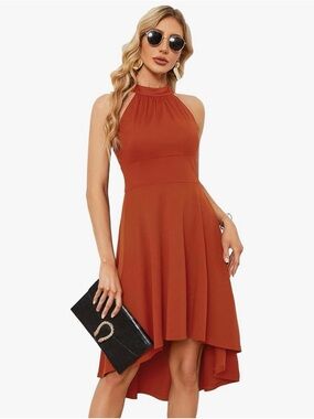 High-Neck Rust Halter Fit & Flare Dress